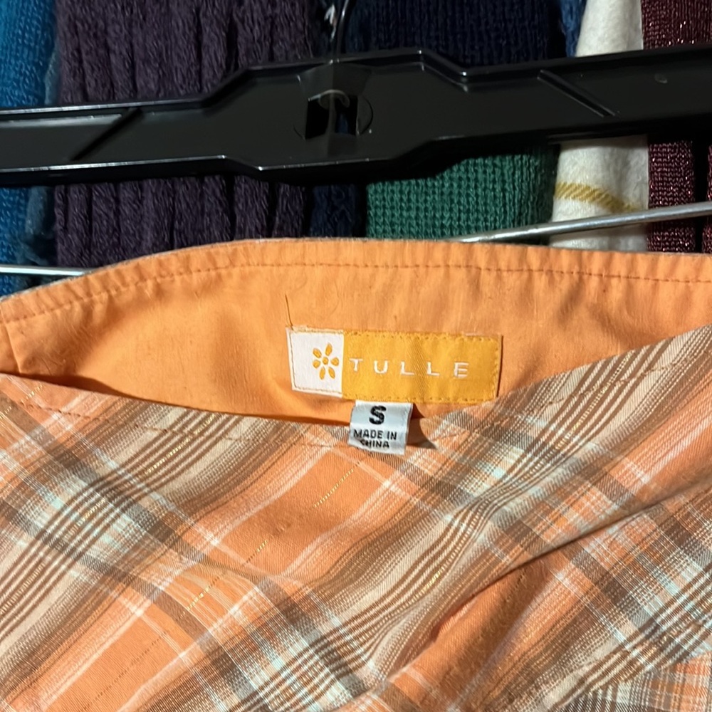 Orange & Brown Plaid mid length knee tulle skirt with gold threading. - Picture 2 of 6